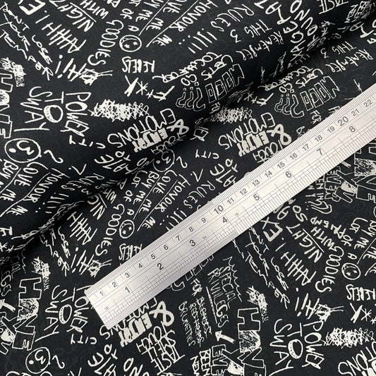 Black and White Abstract Words Sayings Woven Polyester Dressmaking Fabric