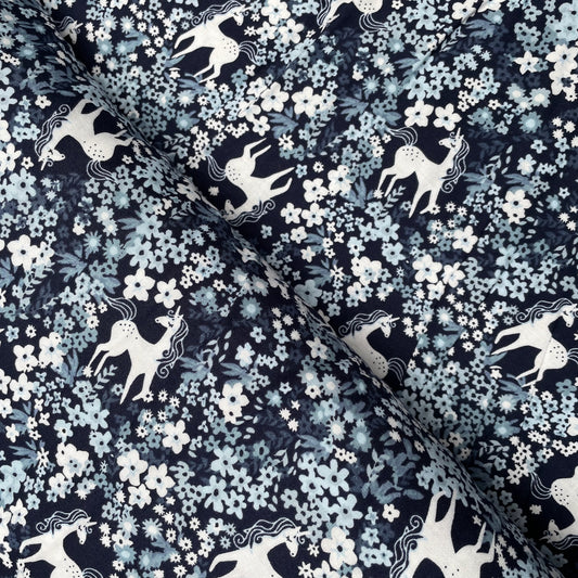 Pretty Unicorn Blue White Woven Viscose Dressmaking Fabric
