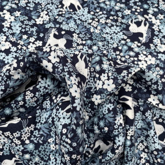 Pretty Unicorn Blue White Woven Viscose Dressmaking Fabric