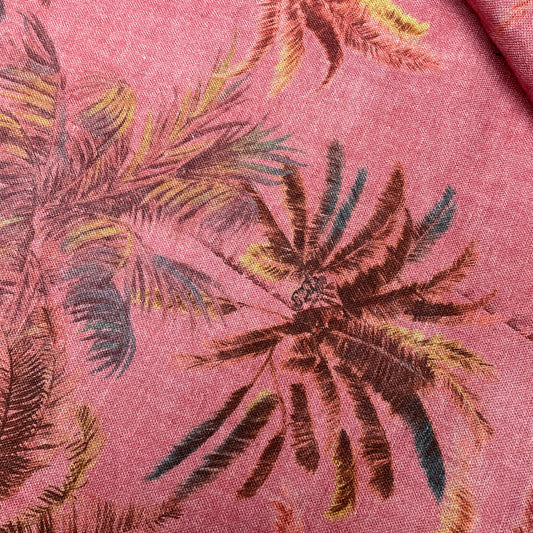 Peach Pink Palm Trees Tropical Linen Cotton Mix Dressmaking Fabric