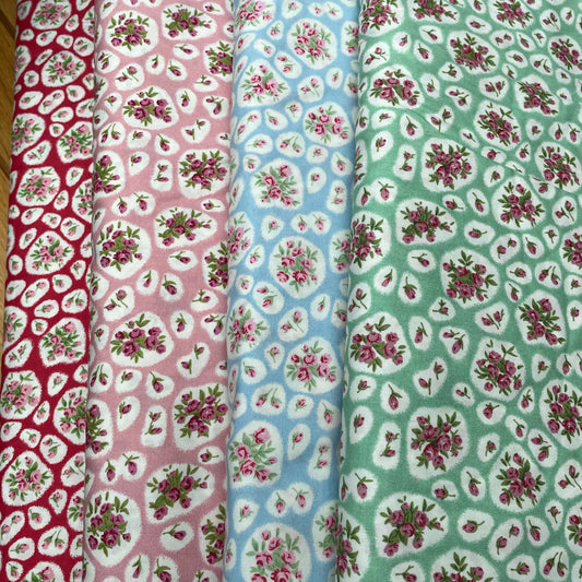 Vintage Style Floral Fabric Pink Green Blue & Red  100% Cotton fabric