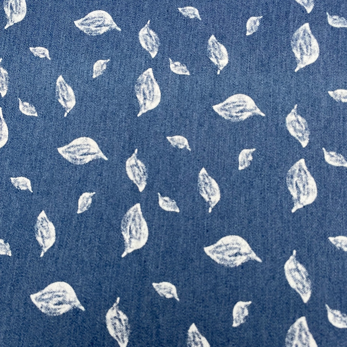 Blue Leaf Print Cotton Denim Fabric