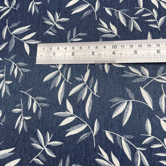 Blue Leaf Sprig Print Cotton Denim Fabric