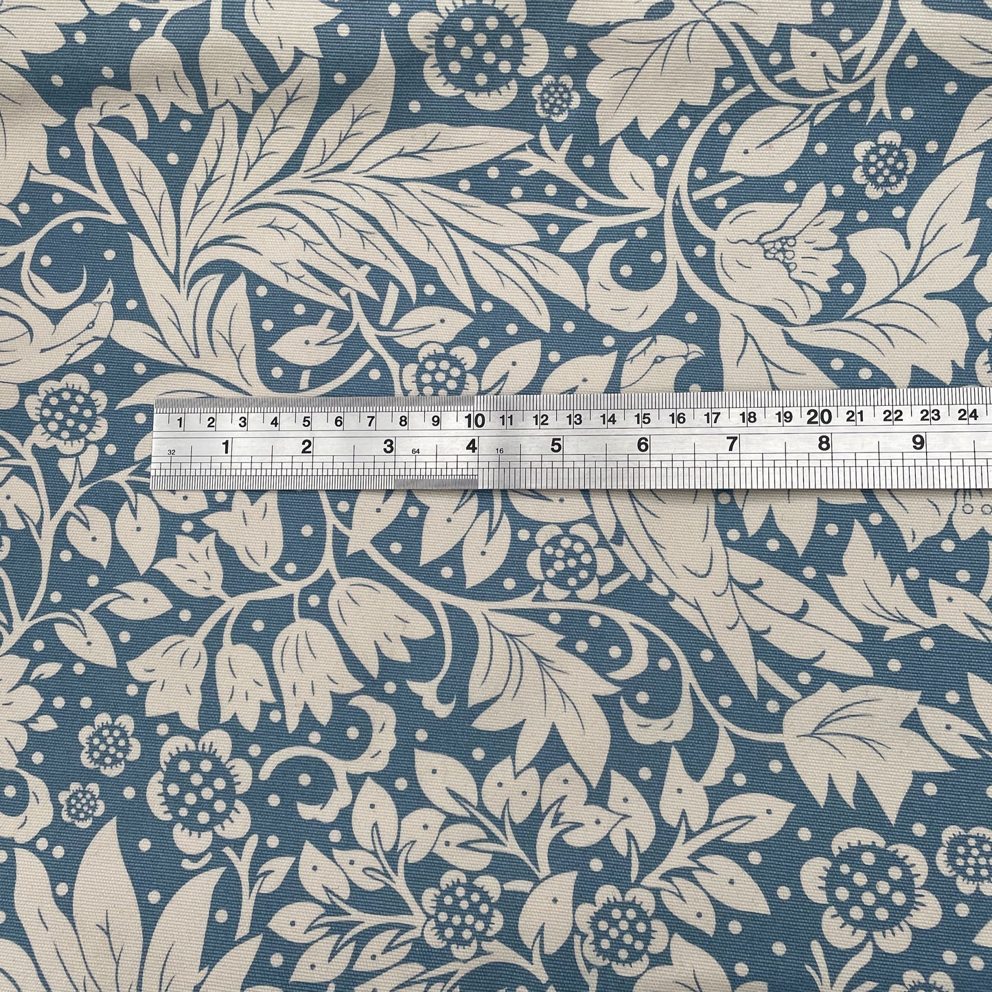 Blue Ivory Floral Bird William Morris Inspired 100% Cotton Duck Wide Fabric