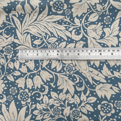 Blue Ivory Floral Bird William Morris Inspired 100% Cotton Duck Wide Fabric