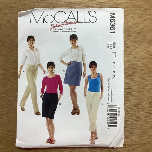 McCalls Dressmaking Pattern Ladies Womens Pants in two lengths, Shorts and Skirt 6361