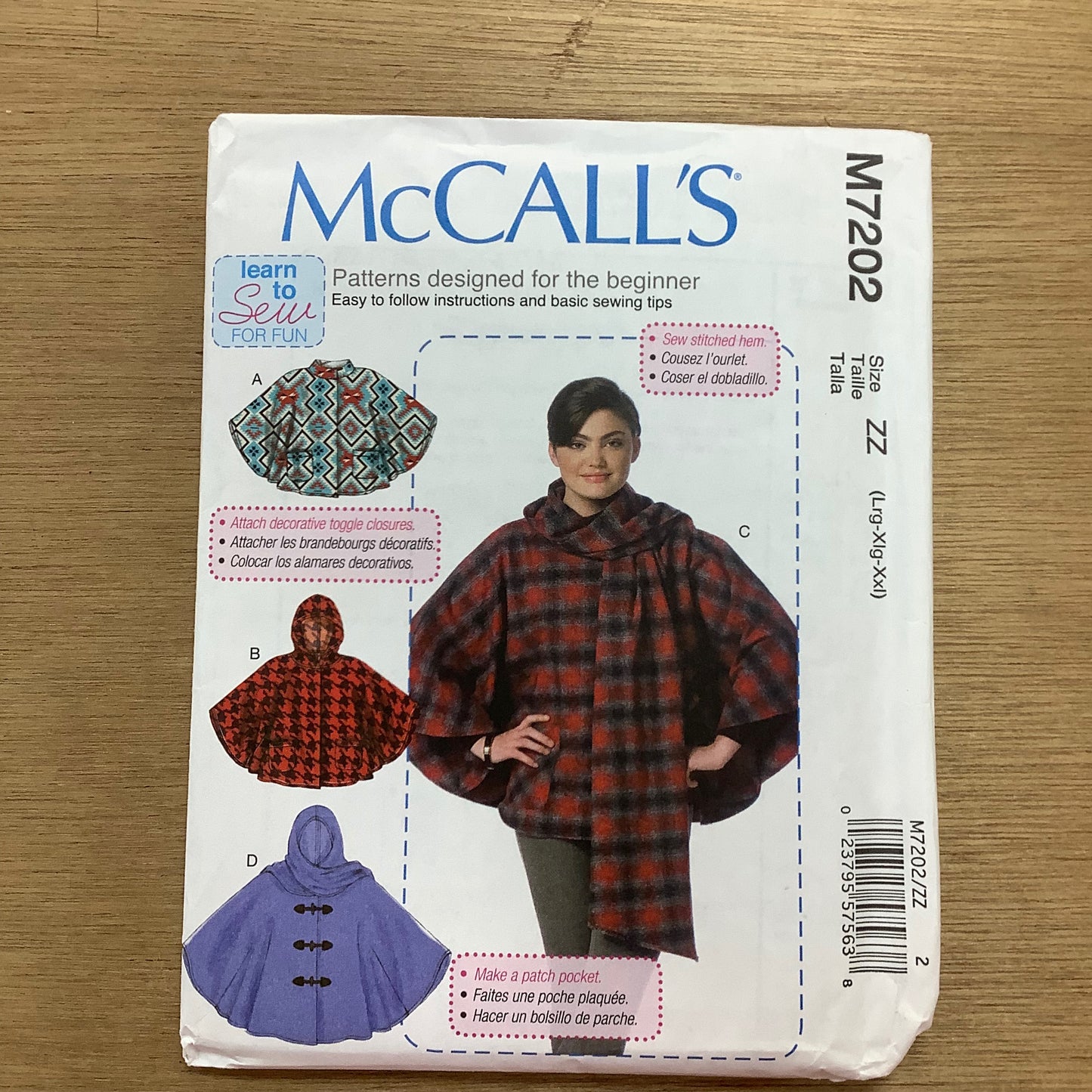 McCall's Dressmaking Sewing Pattern Woman's Ladies Poncho Cape 7202