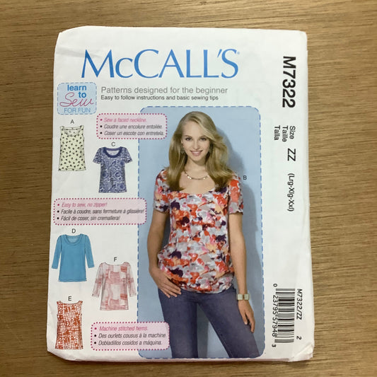 McCall's Dressmaking Sewing Pattern Ladies Women's Tops  Learn to Sew 7322