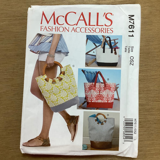 McCalls Sewing Craft Pattern Fashion Accessories Beach Shopping Tote Bag Bagmaking Bag Making 7611