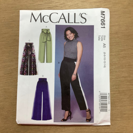 McCall's Dressmaking Sewing Pattern  Ladies Women's Wide Leg Trousers Pants 7661