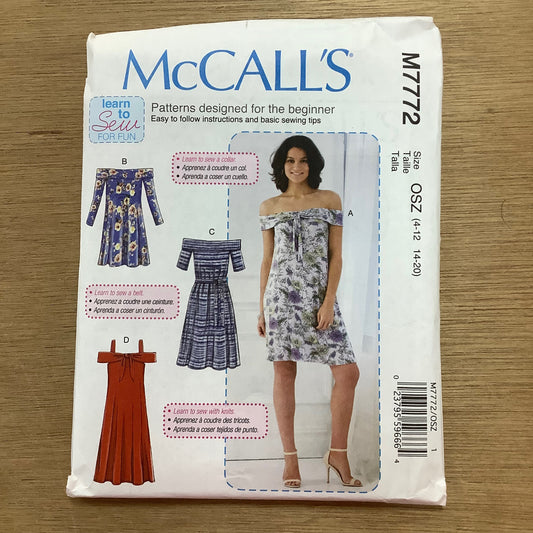 McCall's Dressmaking Sewing Pattern Ladies Women's Off Shoulder Dress Dresses Learn to Sew 7772