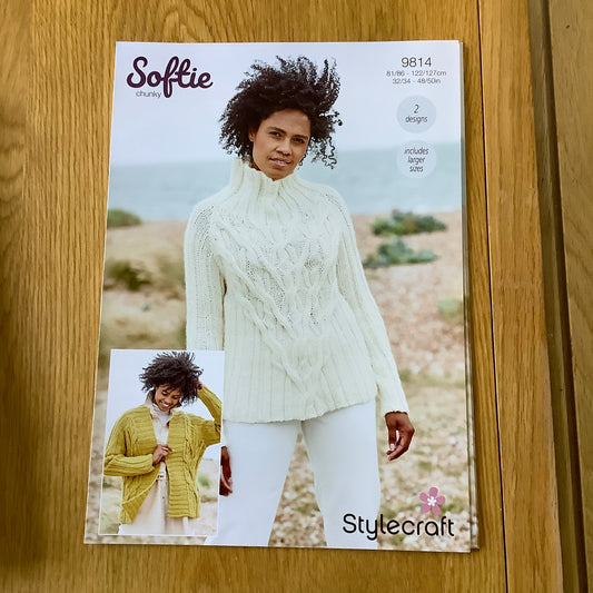 Stylecraft Softie Chunky Ladies Cabled Jumper Sweater Cardigan Jacket Knitting Pattern 9814