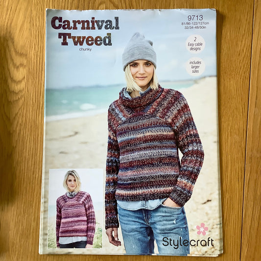 Stylecraft Carnival Tweed Ladies Easy Cable Roll Neck & Round Neck Jumper Sweater Chunky Knitting Pattern  9713