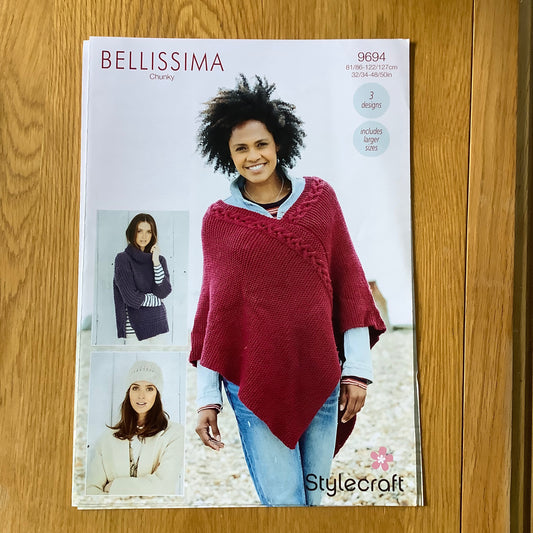 Stylecraft Bellissima Ladies Jumper Sweater Poncho Hat Chunky Knitting Pattern  9694