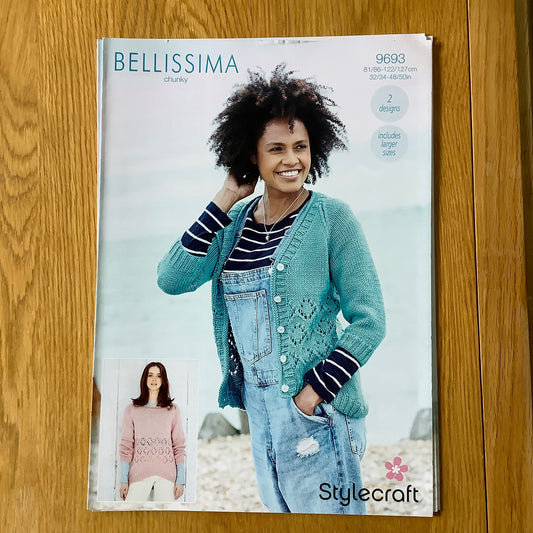 Stylecraft Bellissima Ladies Round Neck Jumper Sweater & V Neck Cardigan Chunky Knitting Pattern  9693