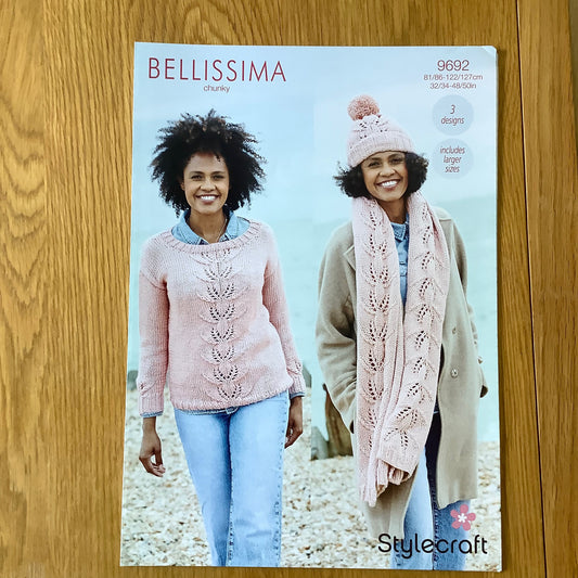 Stylecraft Bellissima Ladies Jumper Sweater Hat & Scarf Chunky Knitting Pattern 9692