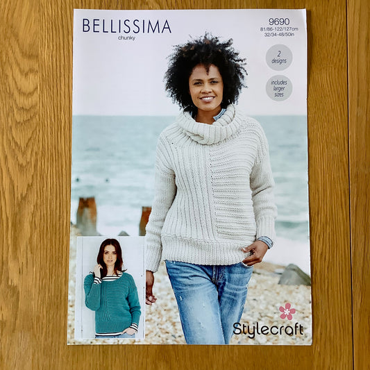 Stylecraft Bellissima Ladies Round Neck and Roll Neck Sweater Jumper Chunky Knitting Pattern 9690