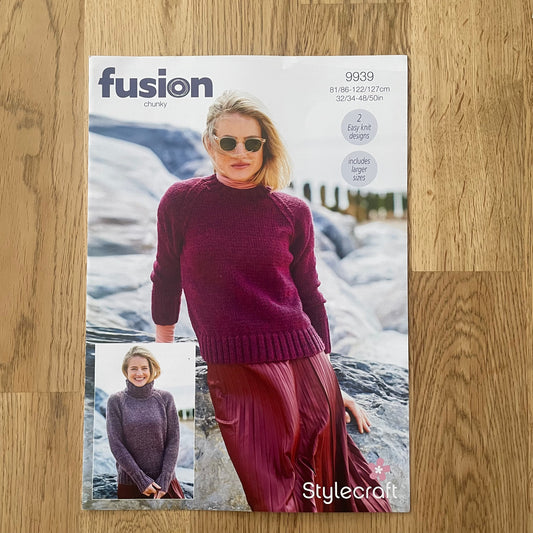 Stylecraft Fusion Chunky Ladies Sweater Jumper Round Neck Roll Neck Knitting Pattern  9939