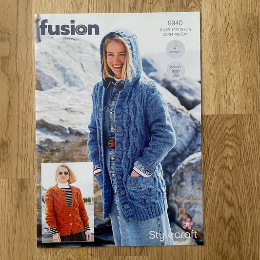 Stylecraft Fusion Chunky Ladies Long & Short Cardigan Jacket Hood Hoodie Knitting Pattern 9940