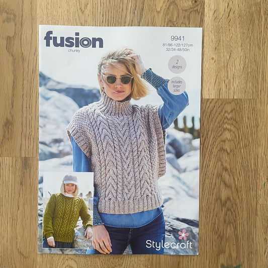 Stylecraft Fusion Chunky Ladies Cable Jumper Sweater Tank Top Knitting Pattern 9941
