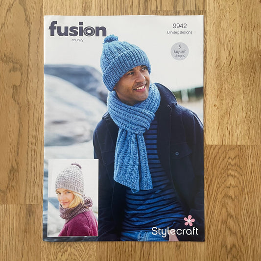 Stylecraft Fusion Chunky Ladies Men's 5 Easy Knit Hat Scarf Snood Knitting Pattern 9942