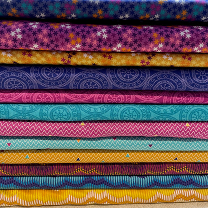 Makower Henna Beth Studley Set 2 | Star Circle Zig Zag Stripe | 12 Designs | Patchwork Quilting | 100% Cotton