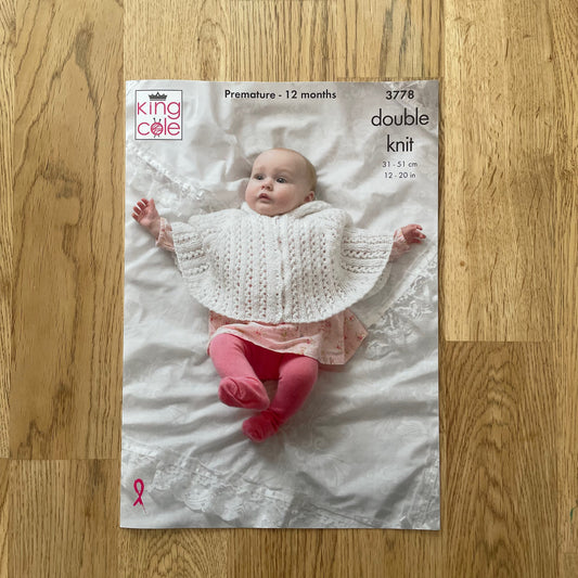 King Cole Double Knit DK Baby Babies Cape Cardigan Knitting Pattern Premature - 12 Months 3778