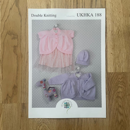 UK Hand Knitting Double Knit DK Knitting Pattern Cardigan Hat Babies Baby UKHKA 188