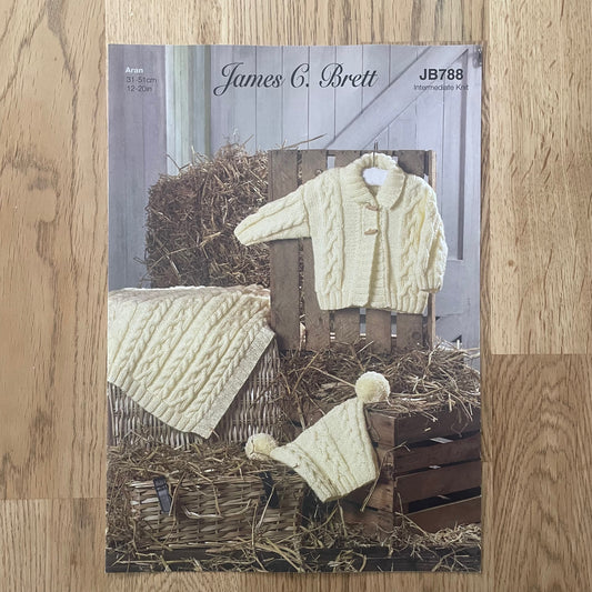 James C. Brett Aran Baby Babies Cable Jacket Hat Blanket Knitting Pattern JB788