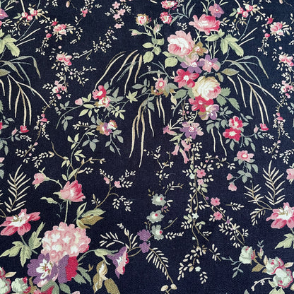 Navy Blue Floral Cotton Canvas Fabric | Hard Wearing Cotton for Bag Making, Totes & Cushions | Sold by the Half Metre