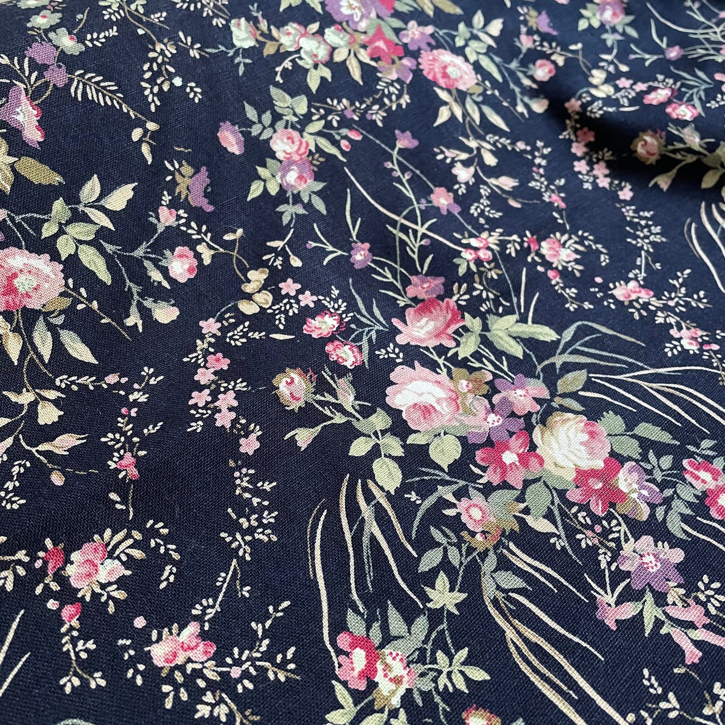 Navy Blue Floral Cotton Canvas Fabric | Hard Wearing Cotton for Bag Making, Totes & Cushions | Sold by the Half Metre