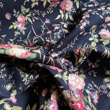 Navy Blue Floral Cotton Canvas Fabric | Hard Wearing Cotton for Bag Making, Totes & Cushions | Sold by the Half Metre