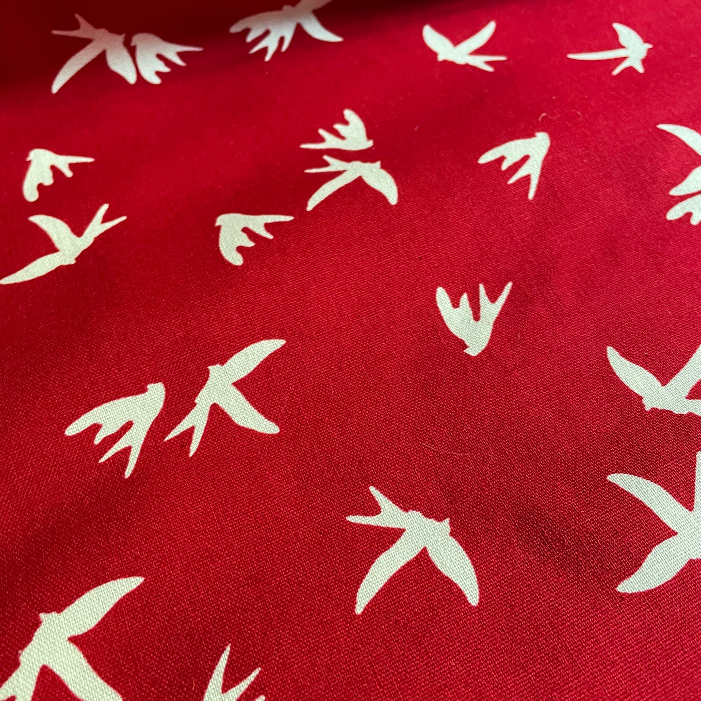 Red and Ivory Bird Cotton Canvas Fabric