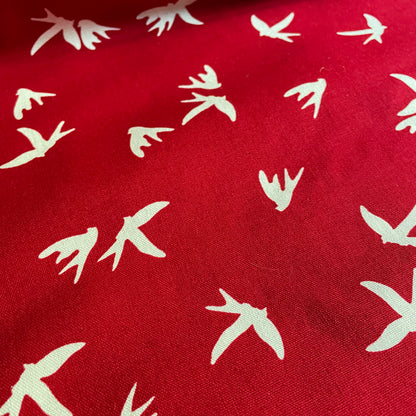 Red and Ivory Bird Cotton Canvas Fabric