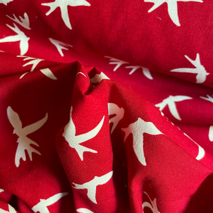 Red and Ivory Bird Cotton Canvas Fabric