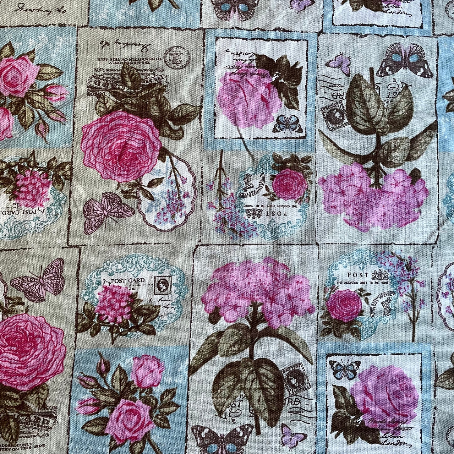 Pink Vintage Floral Postcard Cotton Canvas Fabric