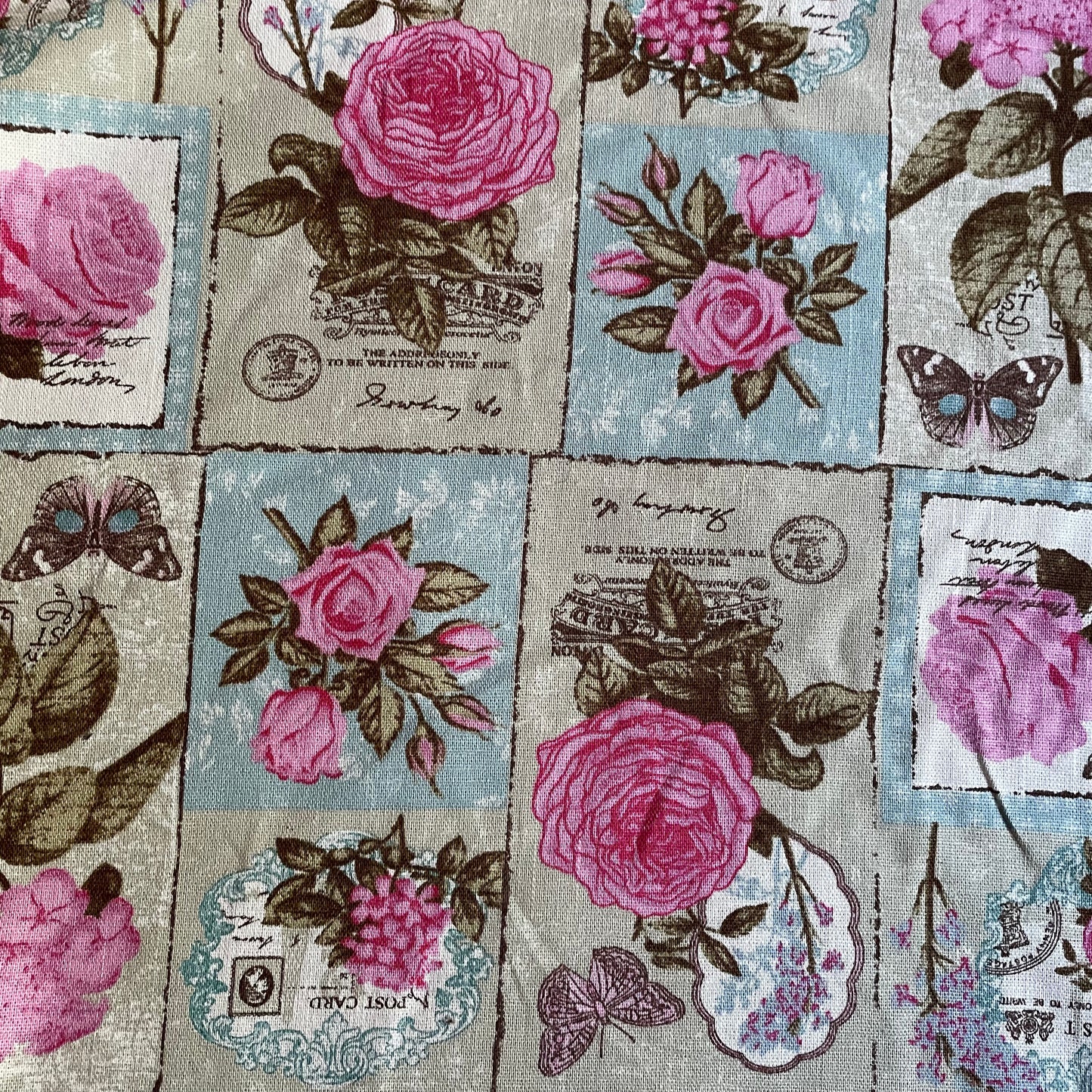 Pink Vintage Floral Postcard Cotton Canvas Fabric