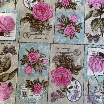 Pink Vintage Floral Postcard Cotton Canvas Fabric