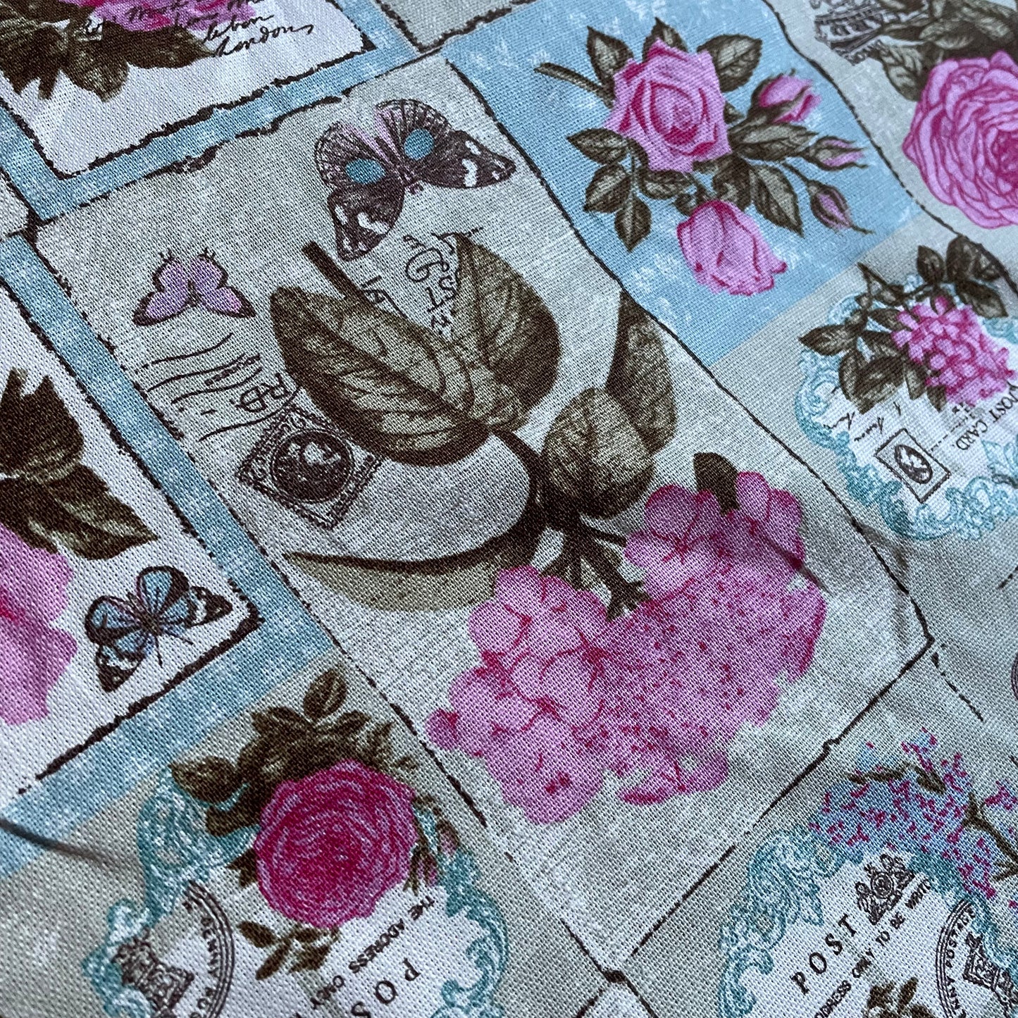 Pink Vintage Floral Postcard Cotton Canvas Fabric