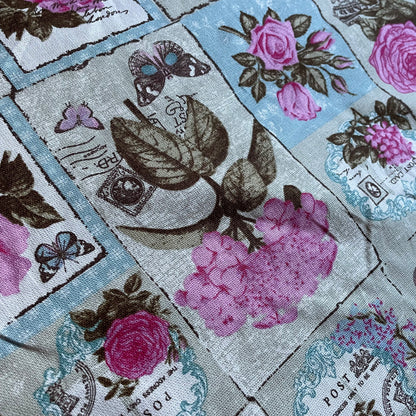 Pink Vintage Floral Postcard Cotton Canvas Fabric