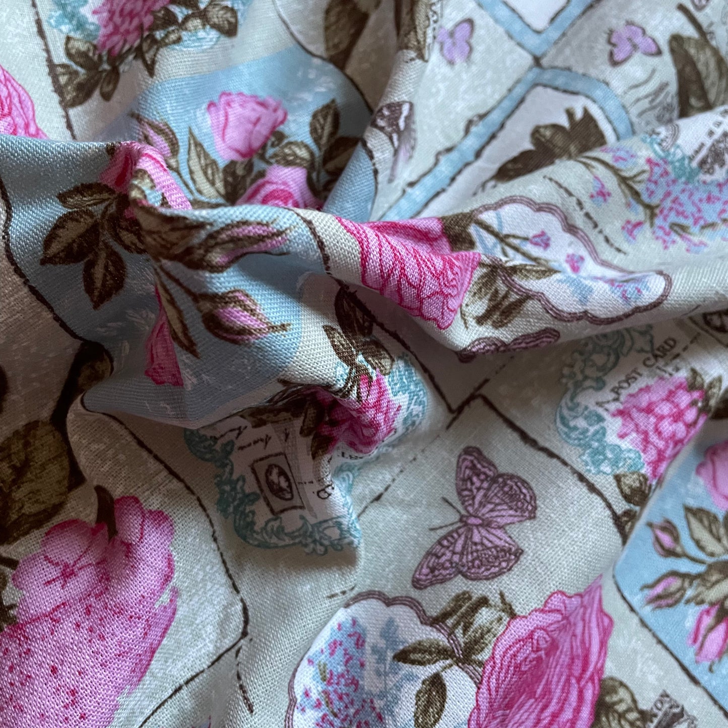 Pink Vintage Floral Postcard Cotton Canvas Fabric