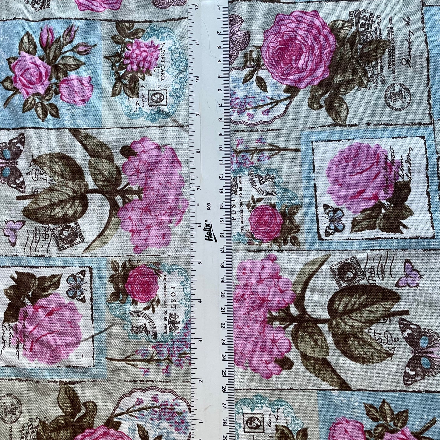 Pink Vintage Floral Postcard Cotton Canvas Fabric