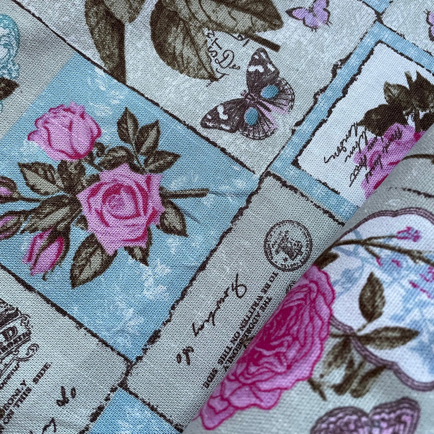 Pink Vintage Floral Postcard Cotton Canvas Fabric