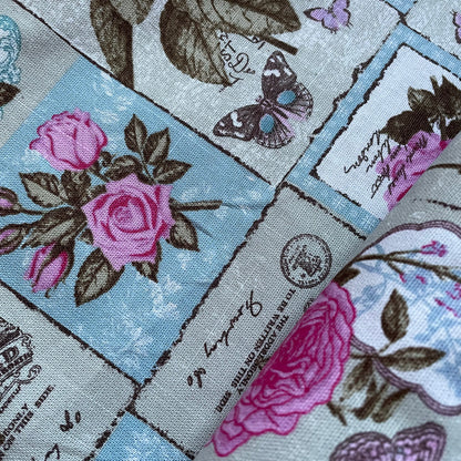 Pink Vintage Floral Postcard Cotton Canvas Fabric