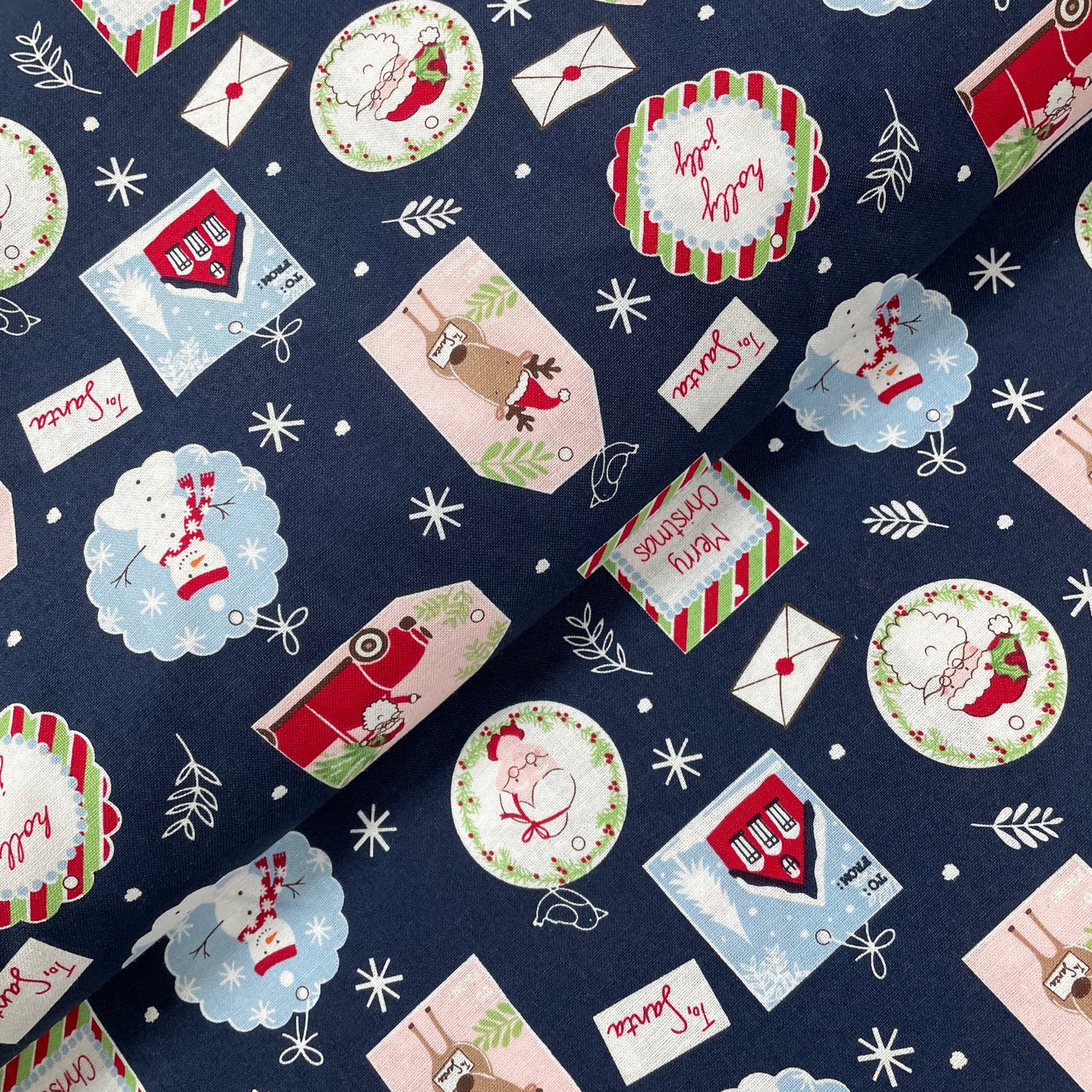 John Louden Christmas Novelty Gift Tags on Navy Christmas 100% Craft Cotton Fabric