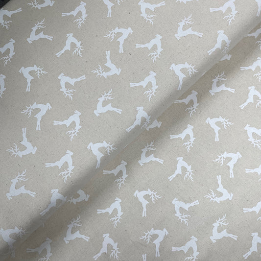 John Louden Christmas White Deer Stag on Natural Christmas 100% Craft Cotton Fabric