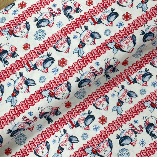 Crafty Fabrics Novelty Robin with Stripe on White  Christmas 100% Craft Cotton Fabric
