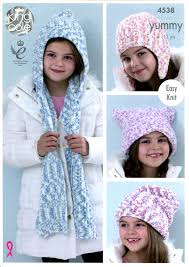 King Cole Children's Hat Hooded Scarf Helmet Slouchy Square 4 - 12 Years Easy Knit Knitting Pattern 4538