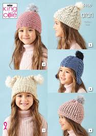 King Cole Children's Hats 4 - 12 years Aran Knitting Pattern 5100