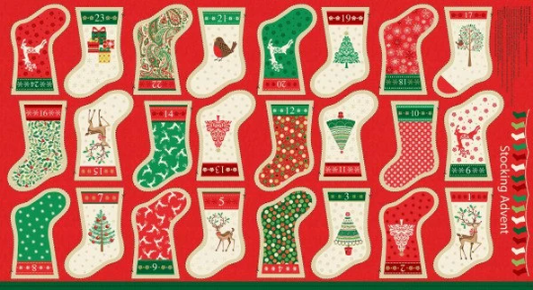 Makower Decoratve Mini Stocking Advent Calendar Panel Multi Coloured 100% Cotton Christmas Children 1798
